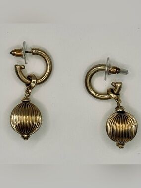 Canvas Gold Ribbed Ball Drop Hoop Earrings